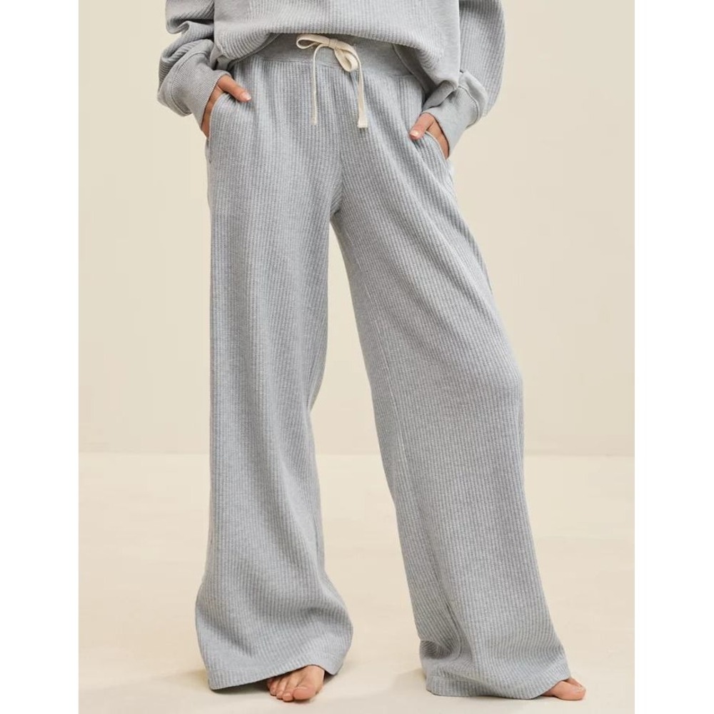 Aerie Essential Waffle Trouser Wide Leg Pants Women L Long Tall Gray Knit Lounge